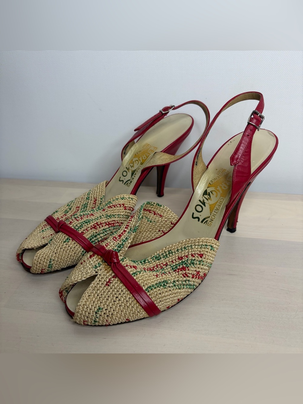 Salvatore Ferragamo Red-Trim Raffia Slingback Heels